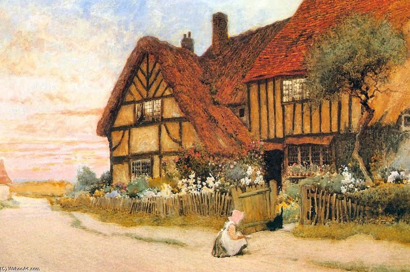 Wikioo.org - The Encyclopedia of Fine Arts - Painting, Artwork by Arthur Claude Strachan - Girl With Kitten Outside A House