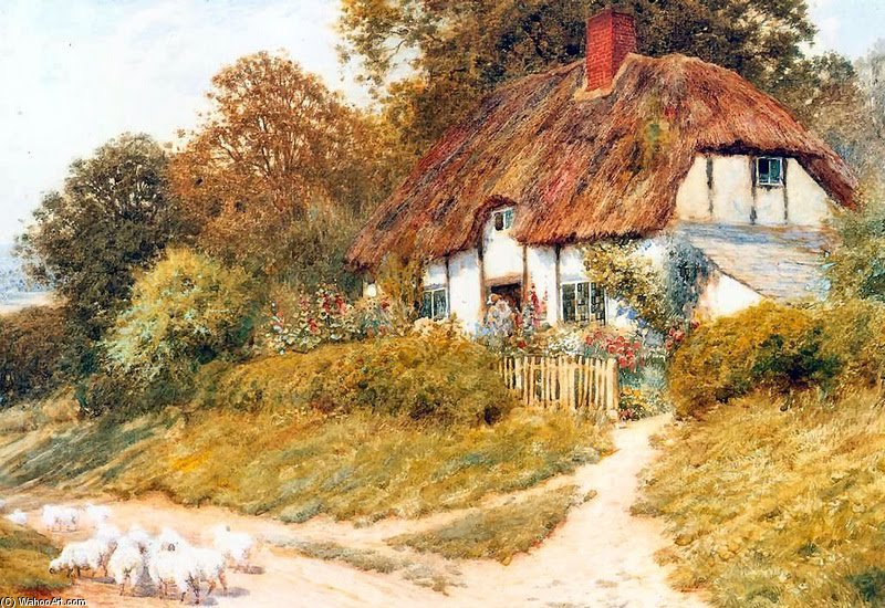 Wikioo.org - The Encyclopedia of Fine Arts - Painting, Artwork by Arthur Claude Strachan - Sheep Outside A Cottage