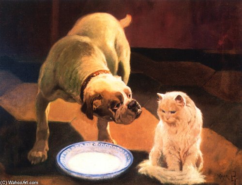 WikiOO.org – 美術百科全書 - 繪畫，作品 Arthur Heyer - 牛头犬  和  猫