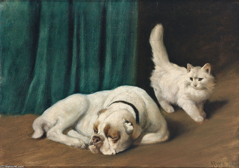 WikiOO.org - Encyclopedia of Fine Arts - Lukisan, Artwork Arthur Heyer - Resting Bulldog And White Persian