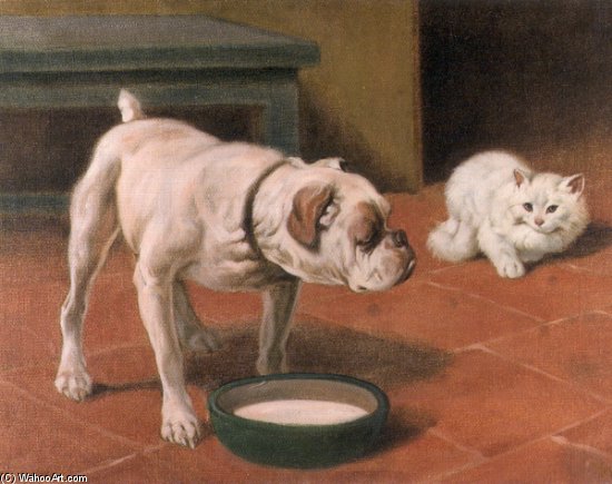 WikiOO.org - Encyclopedia of Fine Arts - Schilderen, Artwork Arthur Heyer - The Bulldog And The Cat