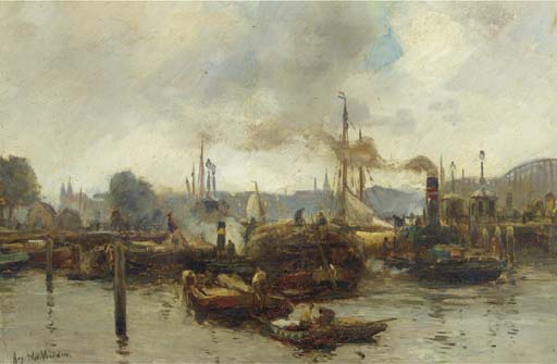 Wikioo.org - The Encyclopedia of Fine Arts - Painting, Artwork by August Willem Van Voorden - Harbour Activities, Rotterdam