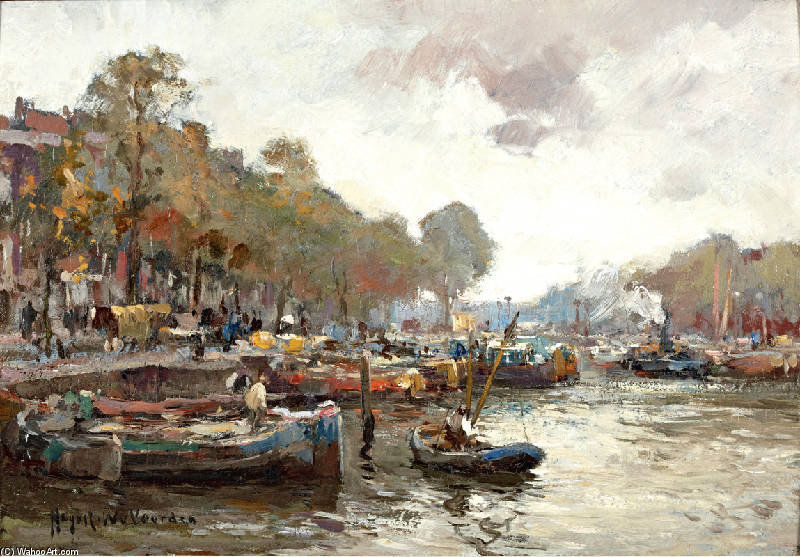 Wikioo.org - สารานุกรมวิจิตรศิลป์ - จิตรกรรม August Willem Van Voorden - Moored Boats At The Boompjes In Rotterdam