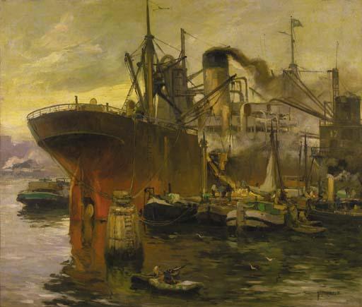 Wikioo.org - สารานุกรมวิจิตรศิลป์ - จิตรกรรม August Willem Van Voorden - Shipping In The Harbour Of Rotterdam