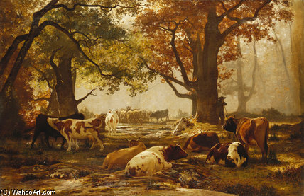 WikiOO.org - Энциклопедия изобразительного искусства - Живопись, Картины  Auguste François Bonheur - Крупный рогатый скот в     лесистый  Река
