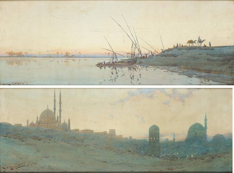 Wikioo.org - The Encyclopedia of Fine Arts - Painting, Artwork by Augustus Osborne Lamplough - An Egyptian Silhouette - Cairo-citadel From The Desert