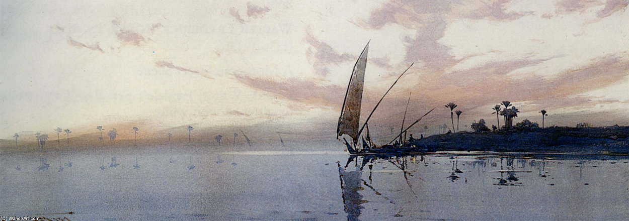 WikiOO.org - Encyclopedia of Fine Arts - Schilderen, Artwork Augustus Osborne Lamplough - Feluccas On The Nile At Dawn