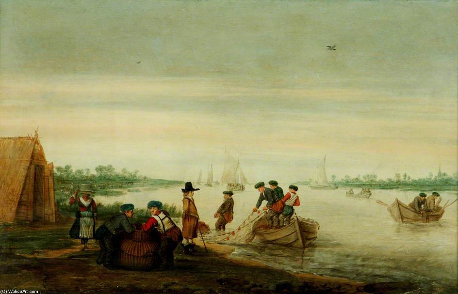 Wikioo.org - The Encyclopedia of Fine Arts - Painting, Artwork by Barend Avercamp (Barend Petersz) - River Scene With Fishermen Drawing Nets