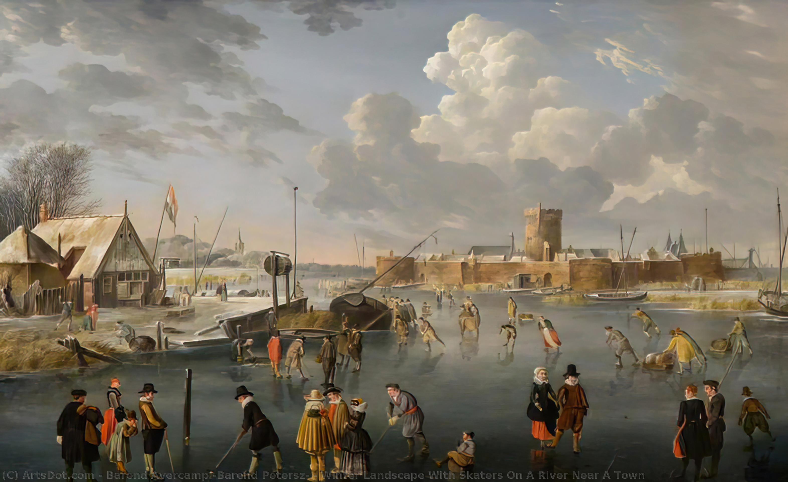 Wikioo.org - The Encyclopedia of Fine Arts - Painting, Artwork by Barend Avercamp (Barend Petersz) - Winter Landscape With Skaters On A River Near A Town