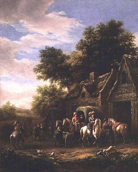 Wikioo.org - The Encyclopedia of Fine Arts - Painting, Artwork by Barend Gael Or Gaal - Landscape With Travellers Beside A Cottage (panel)