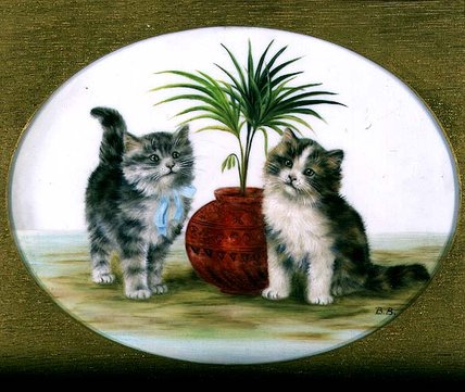 WikiOO.org - Енциклопедия за изящни изкуства - Живопис, Произведения на изкуството Bessie Bamber - Kittens By A Palm In A Bowl