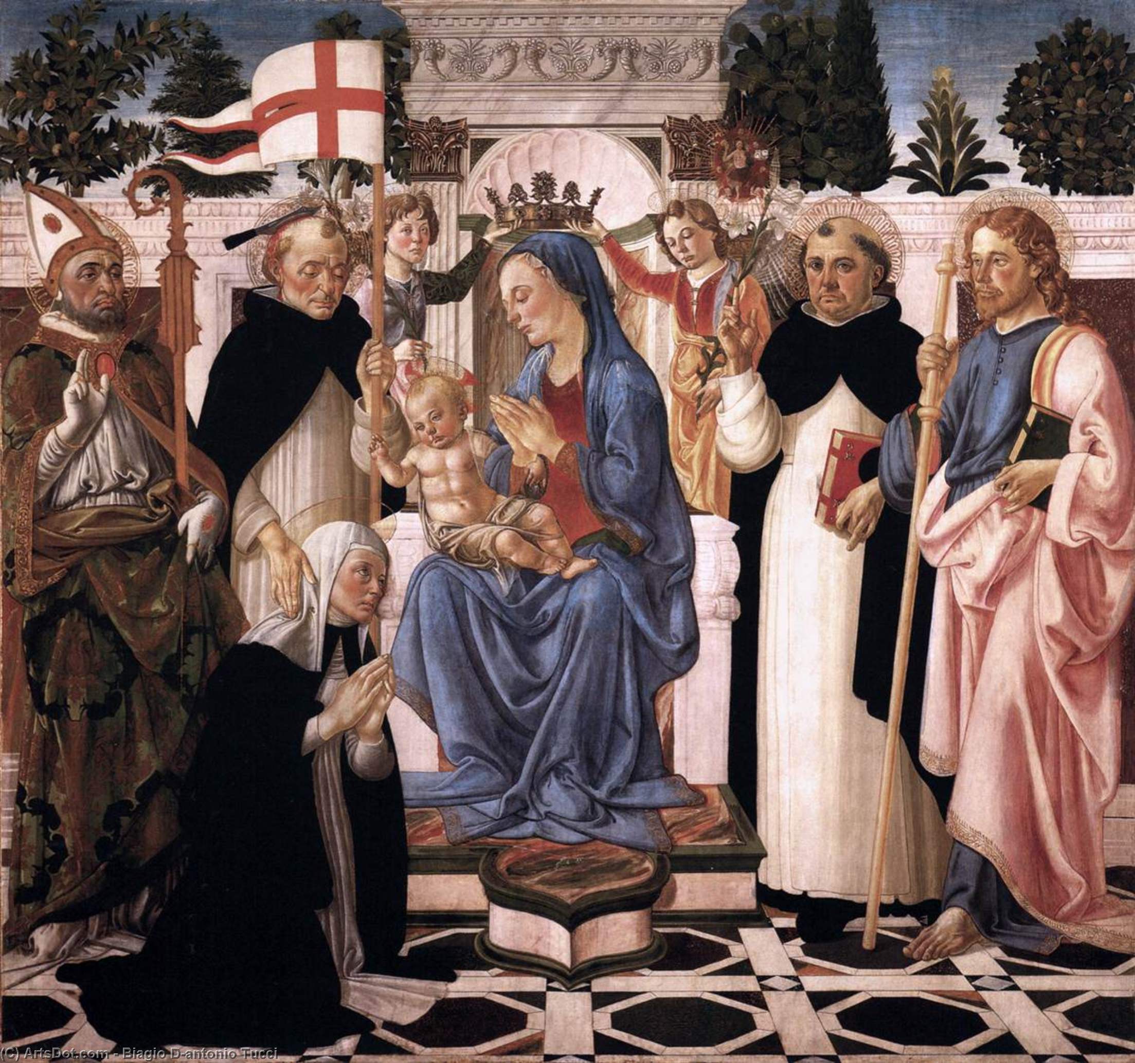 Wikioo.org - The Encyclopedia of Fine Arts - Painting, Artwork by Biagio D'antonio Tucci - Virgin And Child Enthroned With Five Saints And Two Angels