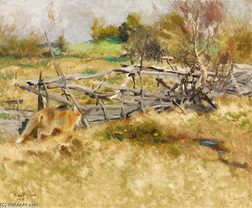 WikiOO.org - Encyclopedia of Fine Arts - Lukisan, Artwork Bruno Andreas Liljefors - Fox By The Fence