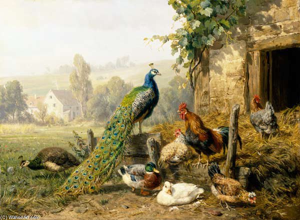 Wikoo.org - موسوعة الفنون الجميلة - اللوحة، العمل الفني Carl Jutz - Chicken Run With Peacock