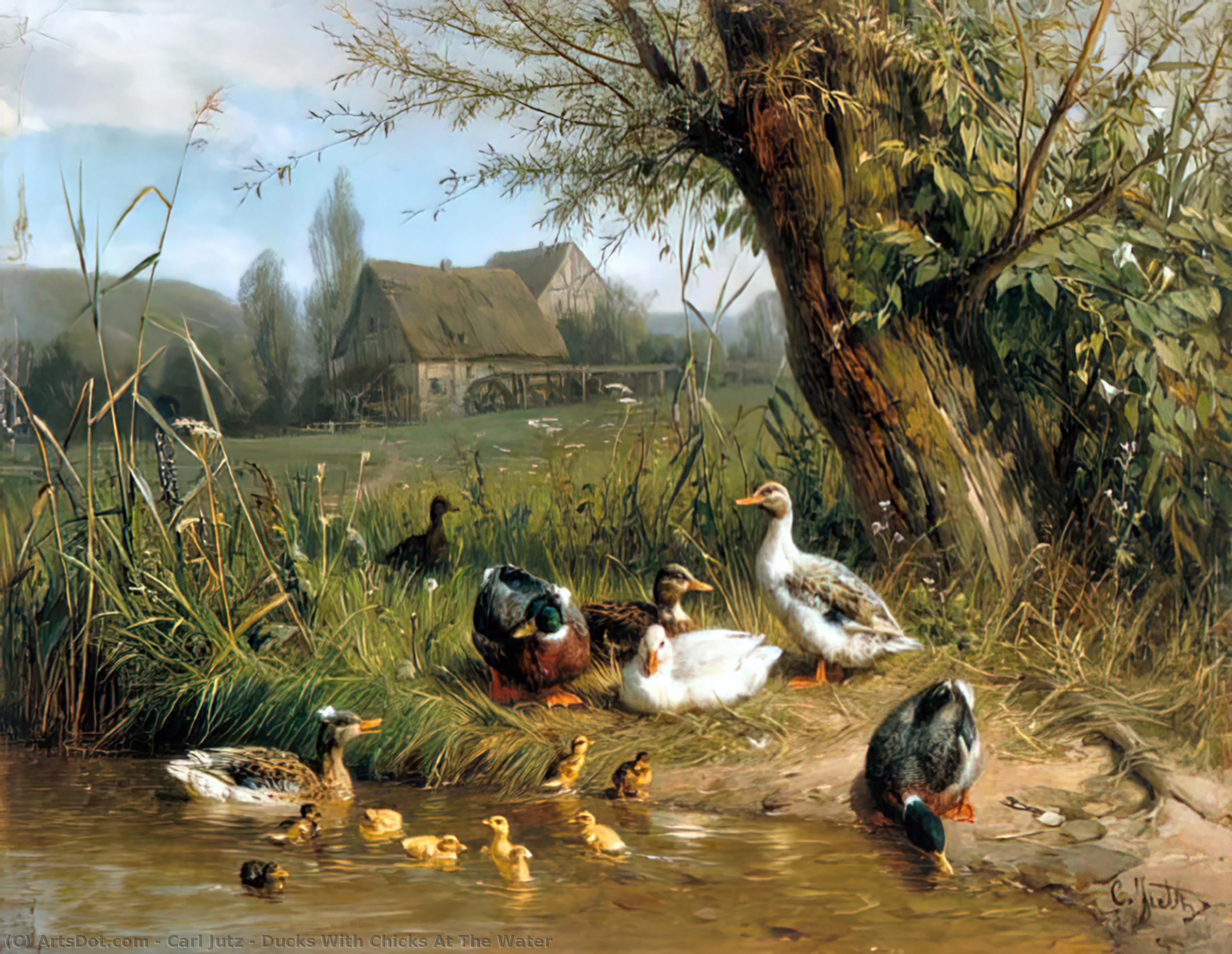 Wikioo.org – L'Encyclopédie des Beaux Arts - Peinture, Oeuvre de Carl Jutz - canards avec  Poulettes  au  la  eau