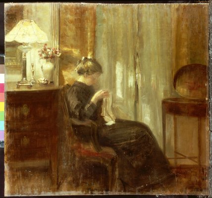 WikiOO.org - Enciclopedia of Fine Arts - Pictura, lucrări de artă Carl Vilhelm Holsoe - A Woman Sewing In An Interior