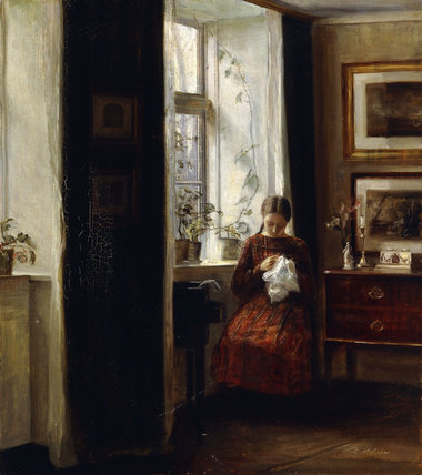 WikiOO.org - אנציקלופדיה לאמנויות יפות - ציור, יצירות אמנות Carl Vilhelm Holsoe - A Young Girl Sewing