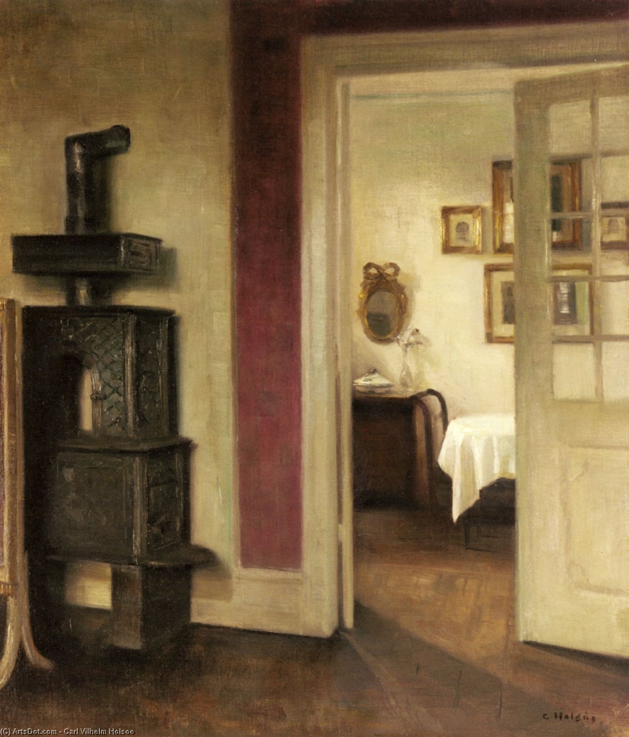 Wikioo.org - The Encyclopedia of Fine Arts - Painting, Artwork by Carl Vilhelm Holsoe - An Interior With A Stove And A View Into A Dining Room