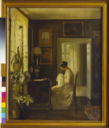 Wikioo.org - The Encyclopedia of Fine Arts - Painting, Artwork by Carl Vilhelm Holsoe - An Interior With A Woman Sewing