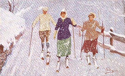 Wikioo.org - Die Enzyklopädie bildender Kunst - Malerei, Kunstwerk von Carlo Pellegrini - Drei Skifahrer in einem Schneesturm