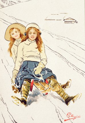 WikiOO.org - Encyclopedia of Fine Arts - Schilderen, Artwork Carlo Pellegrini - Two Girls Tobogganing