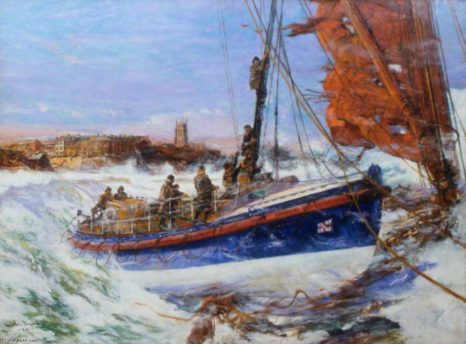 Wikioo.org - The Encyclopedia of Fine Arts - Painting, Artwork by Charles Edward Dixon - The Coxswain Henry Blogg Driving The Cromer Lifeboat Onto The Deck Of The Barge 'sepoy'