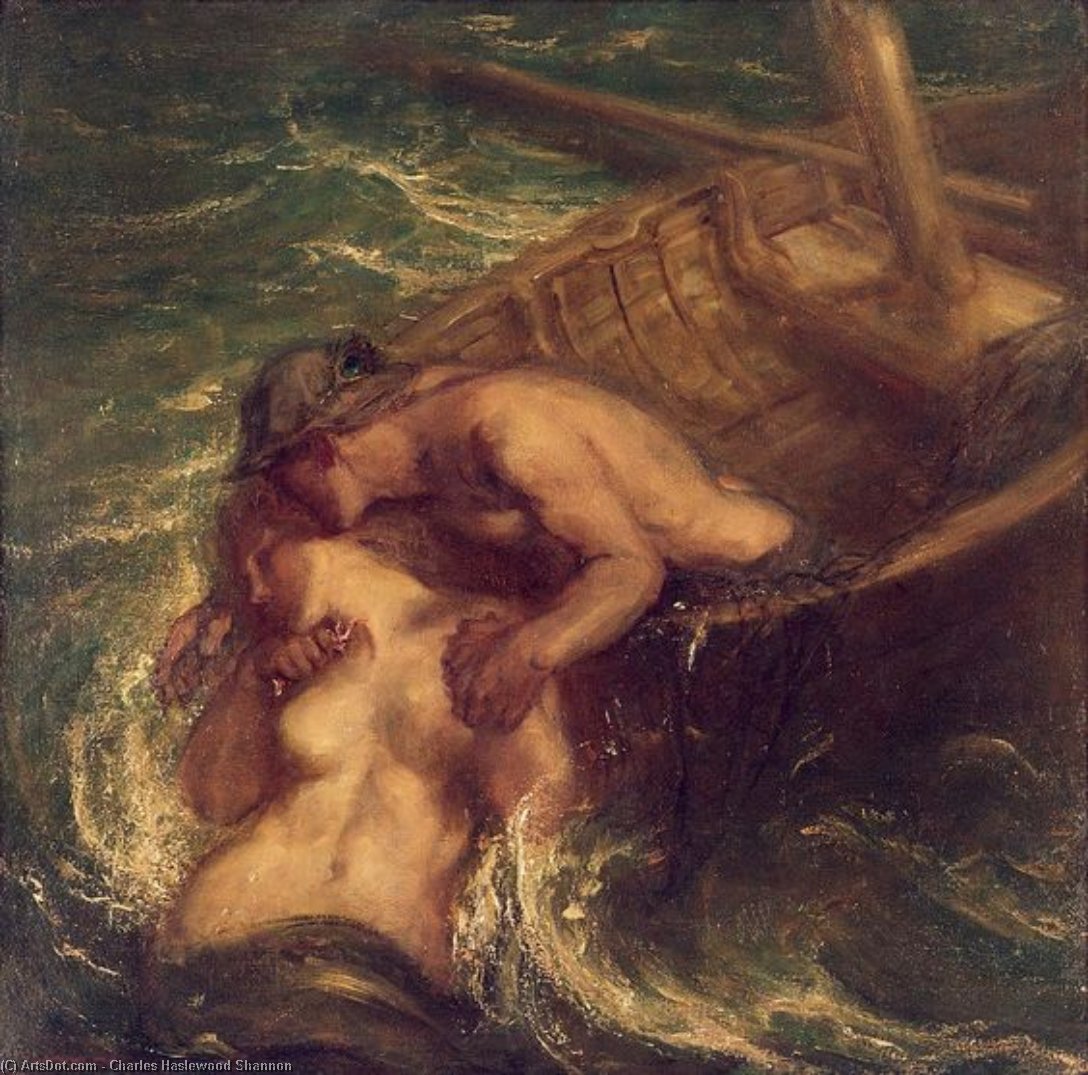 Wikioo.org - The Encyclopedia of Fine Arts - Painting, Artwork by Charles Hazelwood Shannon - The Fisherman And The Mermaid