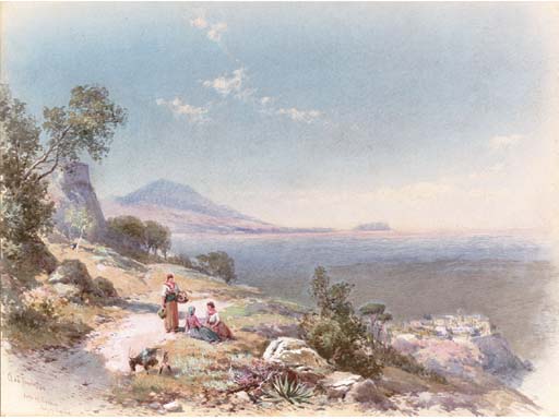 WikiOO.org - Encyclopedia of Fine Arts - Maľba, Artwork Charles Rowbotham - Figures With A Donkey Resting By The Steps Overlooking The Bay