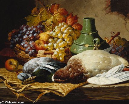 Wikioo.org - The Encyclopedia of Fine Arts - Painting, Artwork by Charles Thomas Bale - A Mallard And A Woodpigeon With A Basket Of Apples