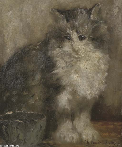 WikiOO.org - Encyclopedia of Fine Arts - Maalaus, taideteos Charles Van Den Eycken - The Contented Cat