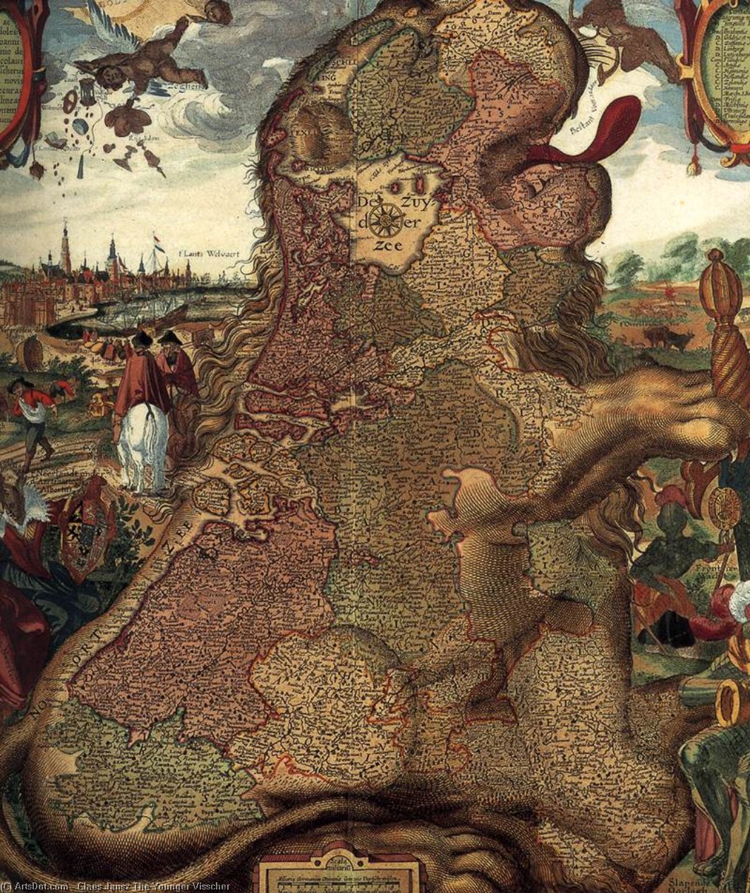 Wikioo.org - The Encyclopedia of Fine Arts - Painting, Artwork by Claes Jansz The Younger Visscher - Lion Map (leo Belgicus) (detail)