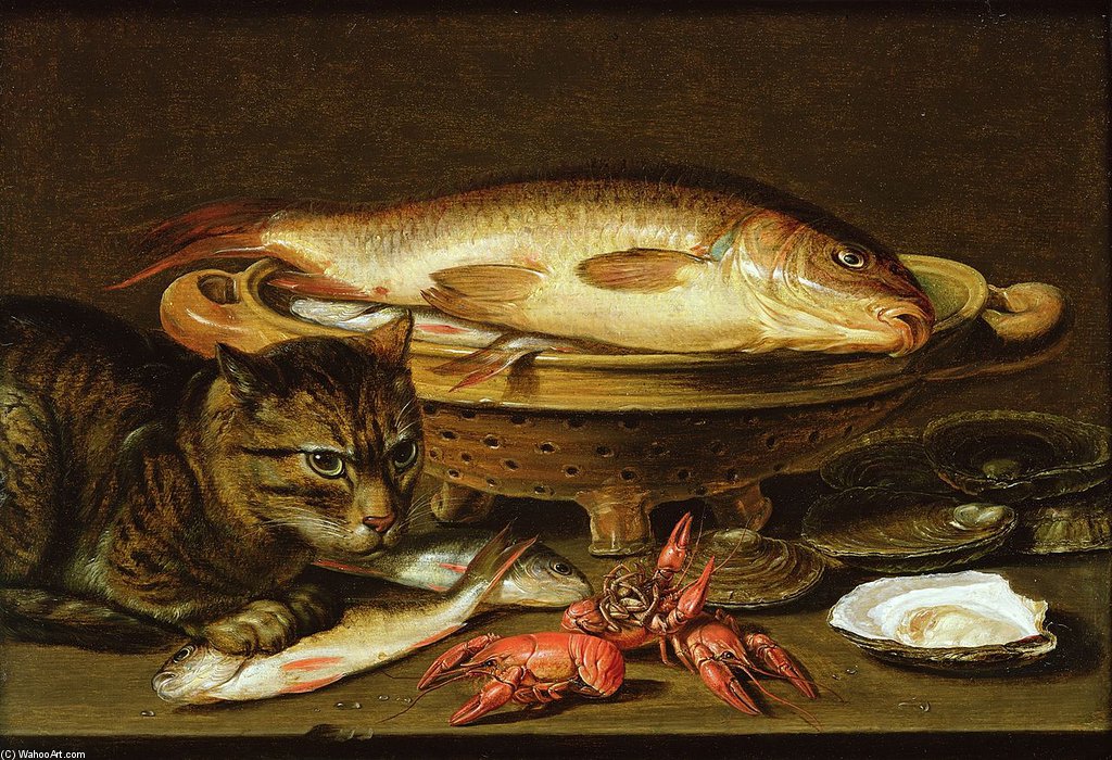 Wikioo.org - The Encyclopedia of Fine Arts - Painting, Artwork by Clara Peeters - A Still Life With Carp In A Ceramic Colander, Oysters, Crayfish, Roach And A Cat On The Ledge Beneath