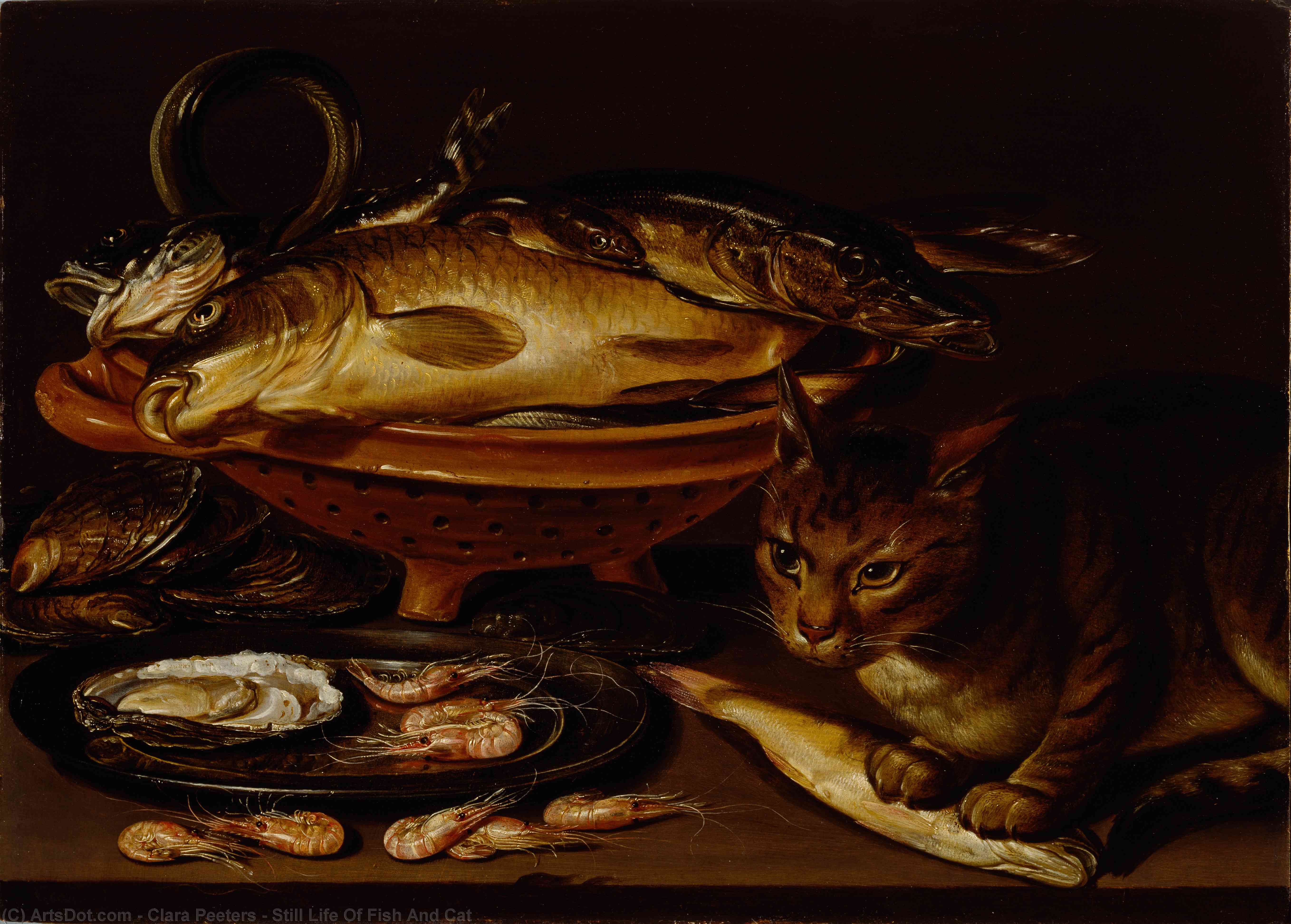 Wikioo.org - The Encyclopedia of Fine Arts - Painting, Artwork by Clara Peeters - Still Life Of Fish And Cat