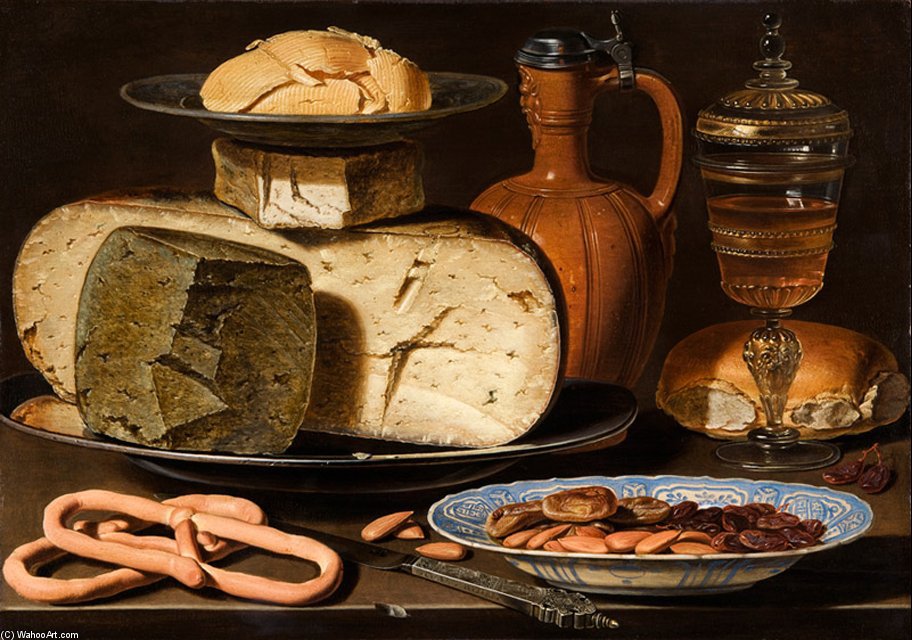Wikioo.org - The Encyclopedia of Fine Arts - Painting, Artwork by Clara Peeters - Still Life With Cheeses, Almonds And Pretzels From Circa