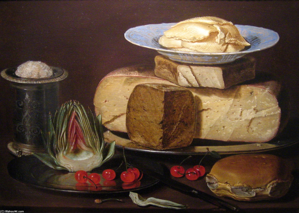 WikiOO.org - Encyclopedia of Fine Arts - Maleri, Artwork Clara Peeters - Still Life With Cheeses, Artichoke, And Cherries