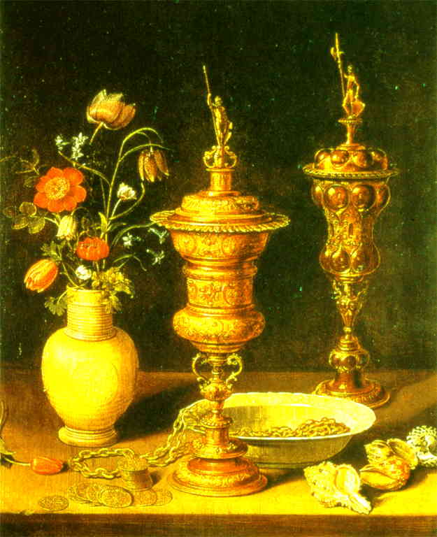 Wikioo.org - The Encyclopedia of Fine Arts - Painting, Artwork by Clara Peeters - Stilleben Mit Blumen Und Vergoldeten Pokalen