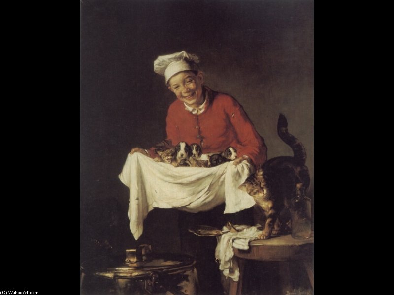 WikiOO.org - 百科事典 - 絵画、アートワーク Claude Joseph Bail - A 男の子 と一緒に 犬や 子猫