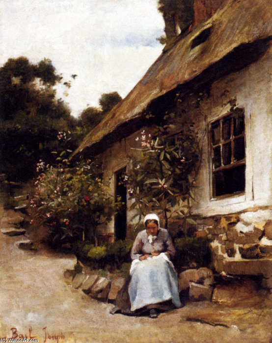 Wikioo.org - The Encyclopedia of Fine Arts - Painting, Artwork by Claude Joseph Bail - Woman Sewing In Front Of Her Cottage
