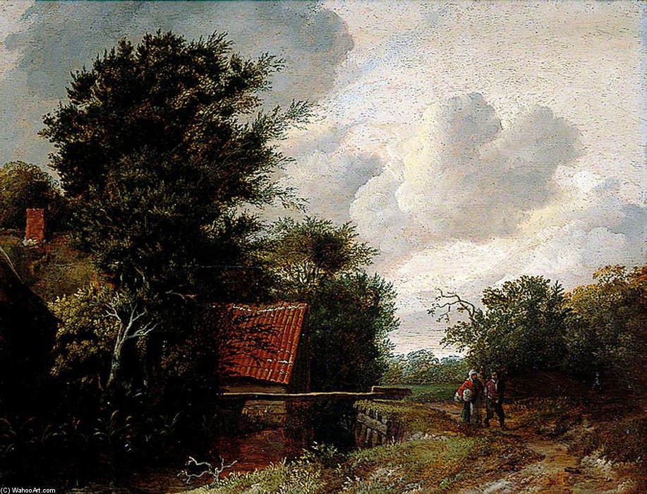 Wikioo.org - The Encyclopedia of Fine Arts - Painting, Artwork by Cornelis Gerritsz Decker - A Sluice, Wooded Landscape With Figures On A Path