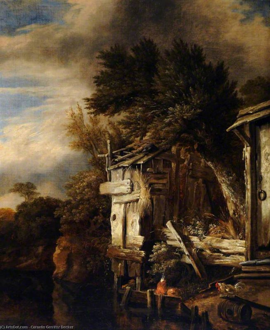 Wikioo.org - The Encyclopedia of Fine Arts - Painting, Artwork by Cornelis Gerritsz Decker - A Wooded River Landscape With Poultry By A Hut