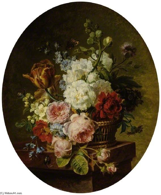 Wikioo.org - สารานุกรมวิจิตรศิลป์ - จิตรกรรม Cornelis Van Spaendonck - Open Wicker Basket Of Mixed Flowers, Including Tulip, Roses, Harebell, Hollyhock, Poppy, Larkspur And Auricula On A Marble Ledge