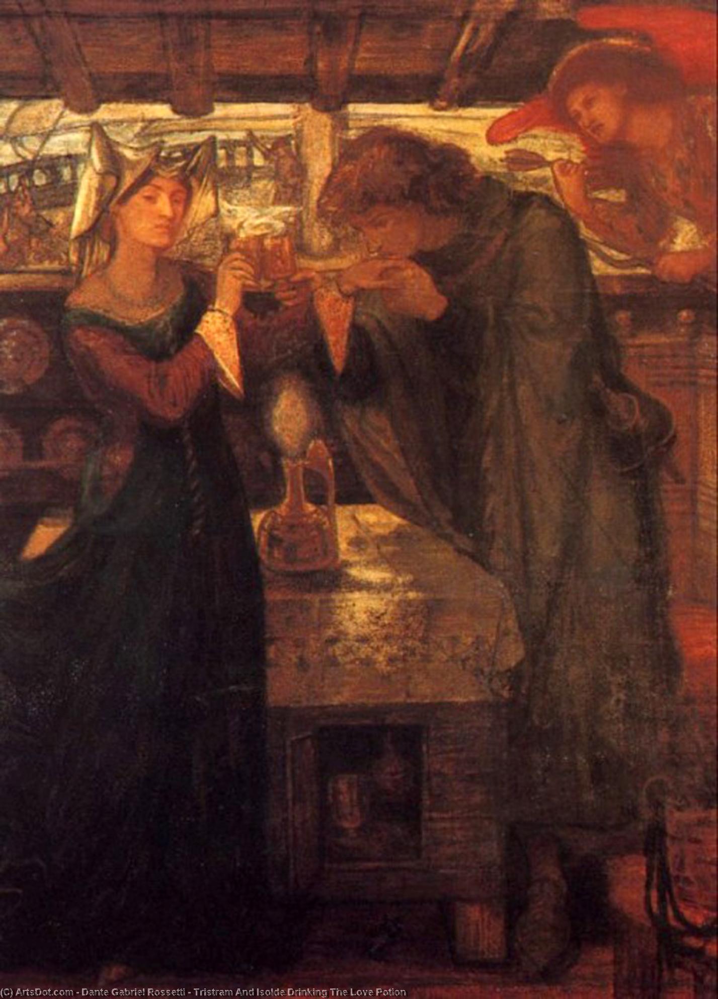 Wikioo.org - The Encyclopedia of Fine Arts - Painting, Artwork by Dante Gabriel Rossetti - Tristram And Isolde Drinking The Love Potion