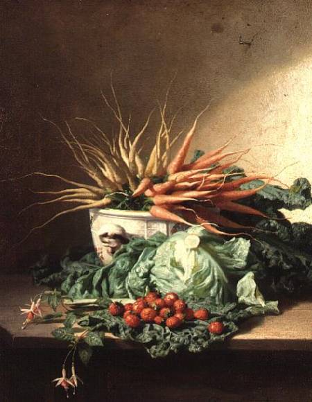 Wikioo.org - The Encyclopedia of Fine Arts - Painting, Artwork by David Emile Joseph De Noter - Still Life Of Strawberries, Carrots And Cabbage