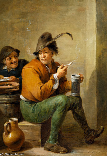Wikioo.org - The Encyclopedia of Fine Arts - Painting, Artwork by David Iii Teniers - A Peasant Holding A Stoneware Jug And A Clay Pipe