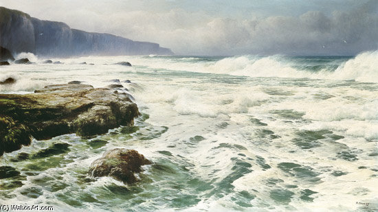 WikiOO.org - Güzel Sanatlar Ansiklopedisi - Resim, Resimler David James - Waves Breaking On A Rocky Shoreline