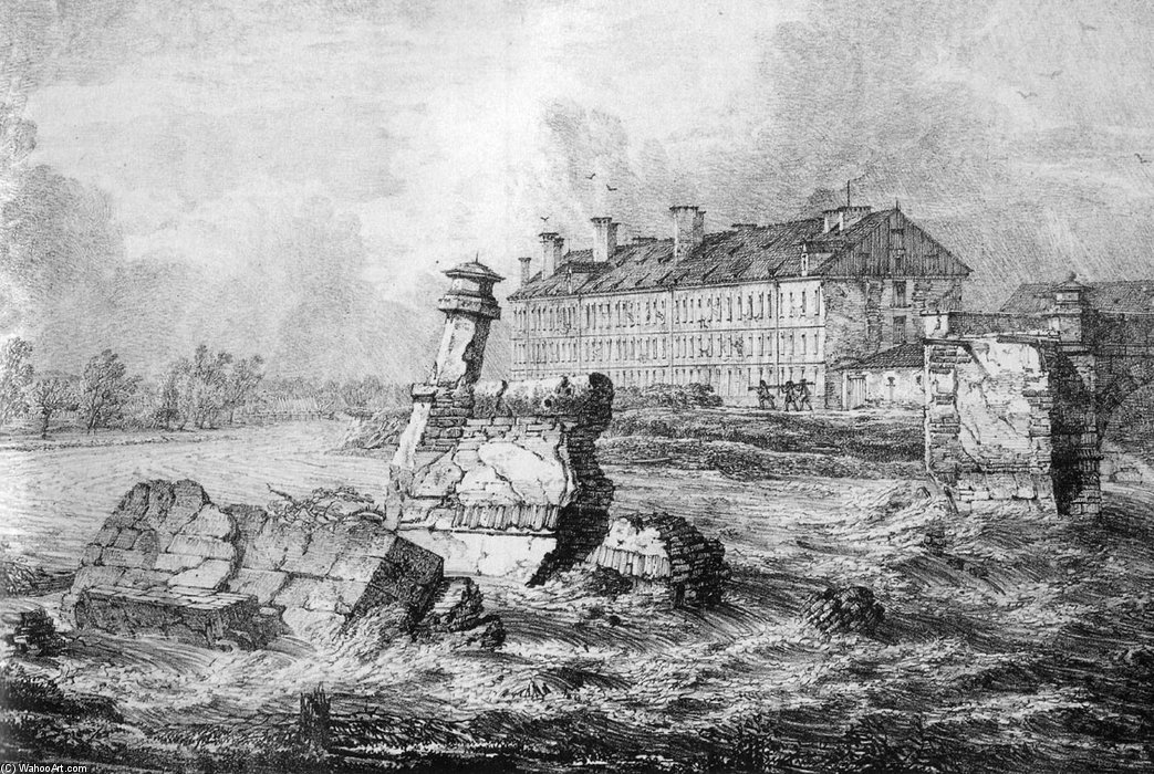 WikiOO.org - Encyclopedia of Fine Arts - Maalaus, taideteos Domenico Quaglio - Stürtzte Die Ludwigsbrücke Bei Hochwasser Ein