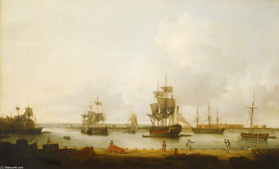 Wikioo.org - The Encyclopedia of Fine Arts - Painting, Artwork by Dominic Serres - Ships Off The Gun Wharf At Portsmouth