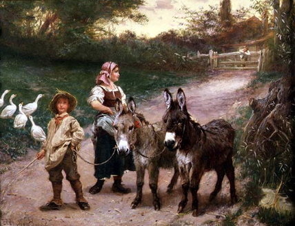 Wikioo.org - The Encyclopedia of Fine Arts - Painting, Artwork by Edgar Bundy - Peasant Children With Donkeys