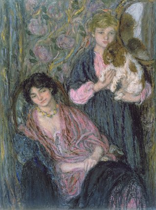 Wikioo.org – La Enciclopedia de las Bellas Artes - Pintura, Obras de arte de Edmond Francois Aman Jean - dos mujeres con un Spaniel