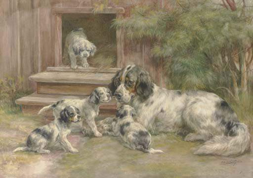 Wikioo.org - The Encyclopedia of Fine Arts - Painting, Artwork by Edmund Henry Osthaus - A Setter And Her Puppies Outside A Kennel
